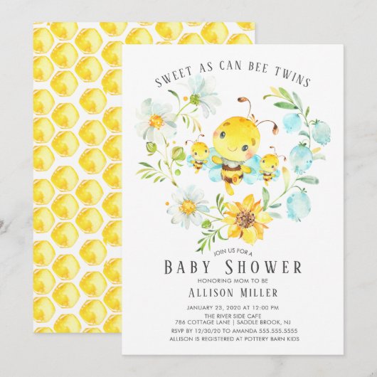 Sweet As Can Bee Twins Baby shower Invitation Kaart (Voorkant / Achterkant)