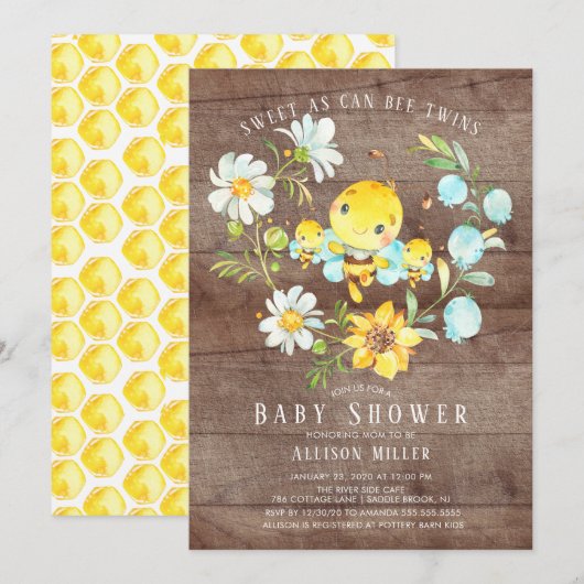 Sweet As Can Bee Twins Baby shower Invitation Kaart (Voorkant / Achterkant)