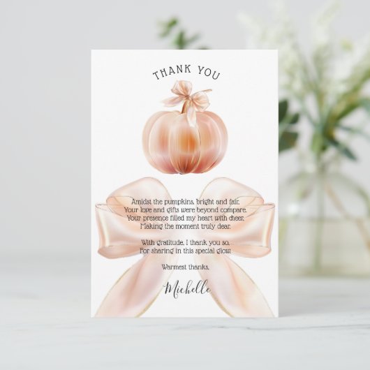 Sweet Autumn Bow Little Pumpkin Baby shower Bedankkaart (Staand voorkant)