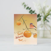 Sweet Autumn Cute Oranje Persimmon Fruits & Bird Briefkaart (Staand voorkant)