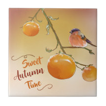 Sweet Autumn Cute Oranje Persimmon Fruits & Bird