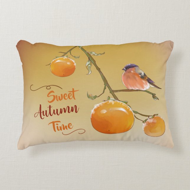 Sweet Autumn Oranje Persimmon Fruits & Bird Accent Kussen (Voorkant)