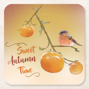 Sweet Autumn Oranje Persimmon Fruits & Bird Kartonnen Onderzetters