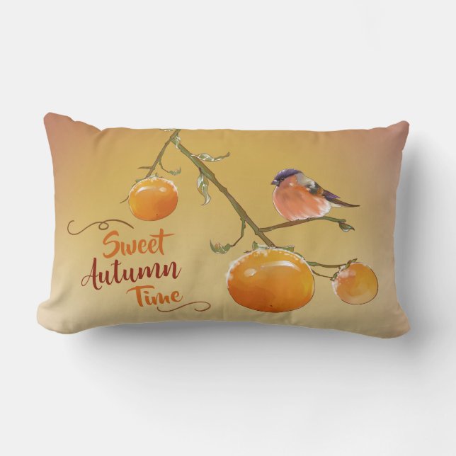 Sweet Autumn Oranje Persimmon Fruits & Bird Lumba Kussen (Voorkant)