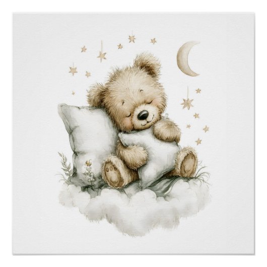 Sweet baby bear fast asleep on fluffy clouds perfect poster (Voorkant)