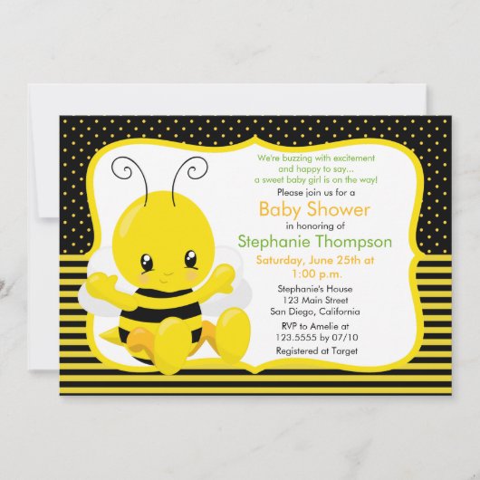 Sweet Baby Bee Baby shower Invitation Kaart (Voorkant)