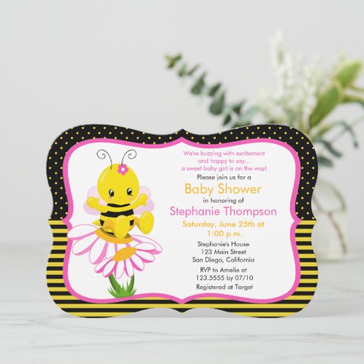 Sweet Baby Bee Meisje Baby shower Uitnodiging (Staand voorkant)