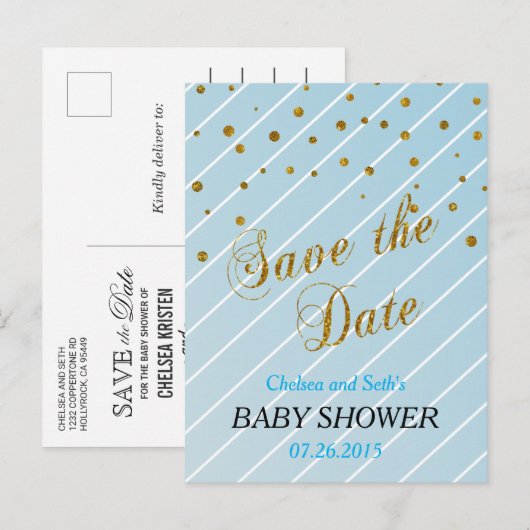 Sweet Baby Blue en Gold Confetti - Sla de datum op Aankondigingskaart (Voorkant / Achterkant)