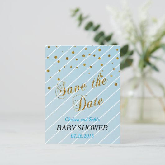 Sweet Baby Blue en Gold Confetti - Sla de datum op Aankondigingskaart (Staand voorkant)