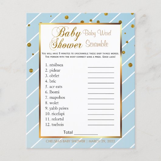 Sweet Baby Blue en Gold Confetti - Word Scramble Flyer (Voorkant)