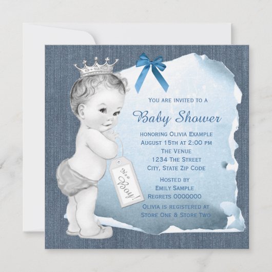 Sweet Baby Boy Blue Denim Baby shower Kaart (Voorkant)
