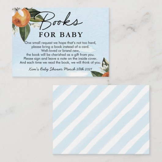 Sweet Baby Boy Clementine Shower Boeken voor Baby Notitiekaartje (Voorkant / Achterkant)