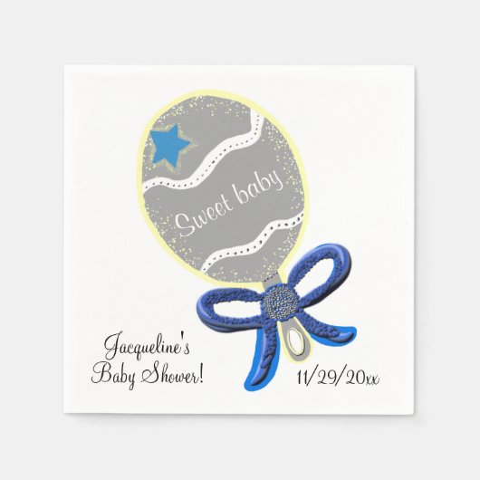 Sweet Baby Boy Rattle Blue Bow Baby shower Servetten (Voorkant)