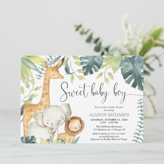Sweet baby boy safari oerwoud dieren baby shower kaart (Staand voorkant)