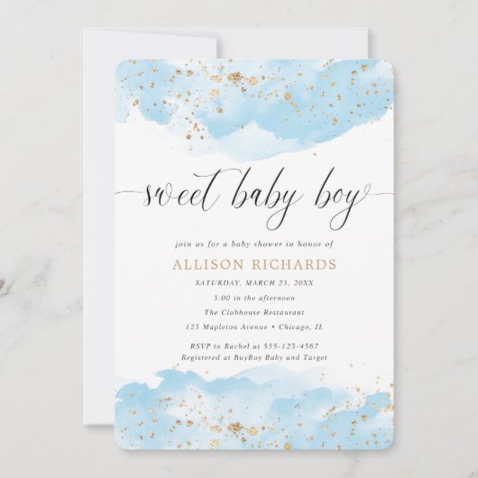 Sweet baby boy waterverf blauw gouden douche kaart (Voorkant)