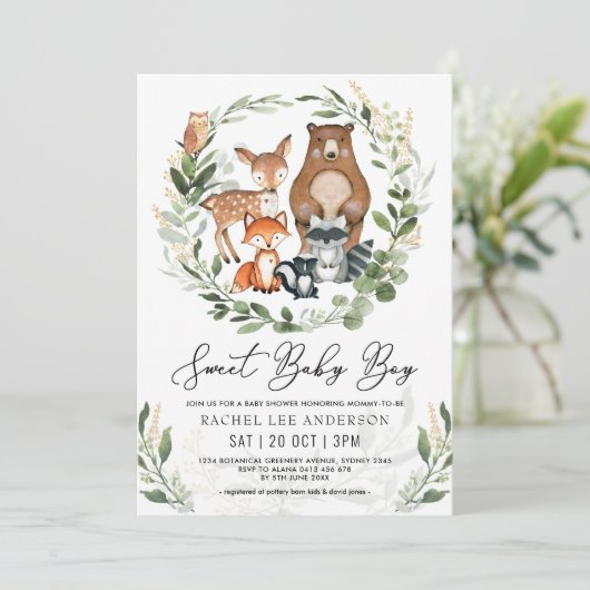 Sweet Baby Boy Woodland Greenery Animals Shower Kaart (Staand voorkant)