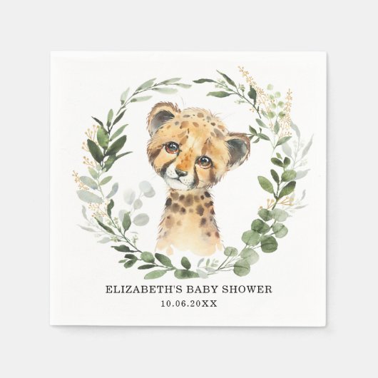 Sweet Baby Cheetah Botanical Greenery Gold Shower Servet (Voorkant)