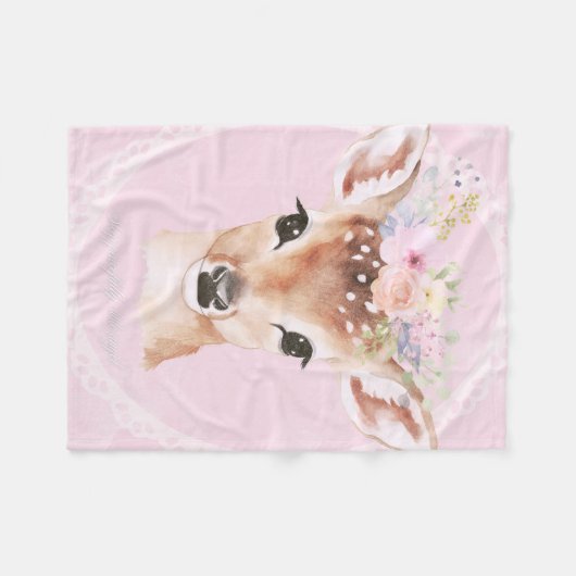 Sweet Baby Deer met Bloemenkroon | roze kinderkame Fleece Deken (Voorkant (Horizontaal))
