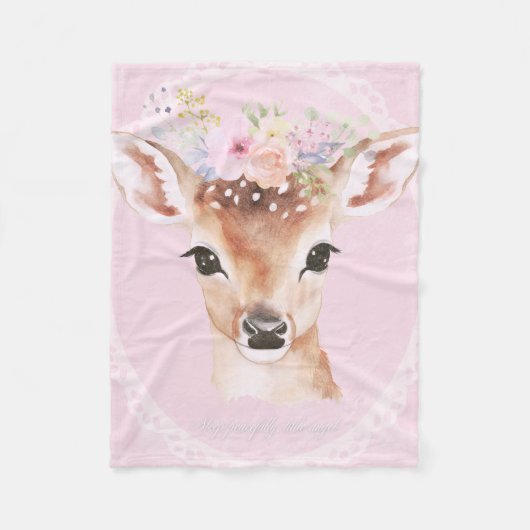 Sweet Baby Deer met Bloemenkroon | roze kinderkame Fleece Deken (Voorkant)
