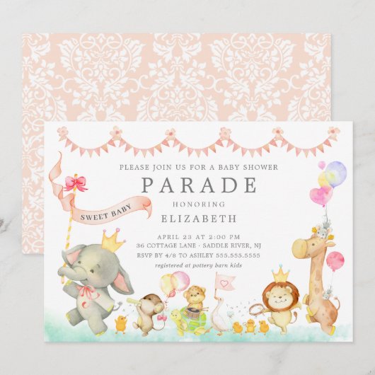 Sweet Baby Dieren Parade Baby shower Uitnodiging (Voorkant / Achterkant)
