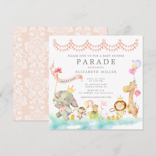 Sweet Baby Dieren Parade Baby shower Uitnodiging (Voorkant / Achterkant)