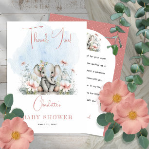Sweet Baby Elephant Girl Floral Pink Baby shower Bedankkaart