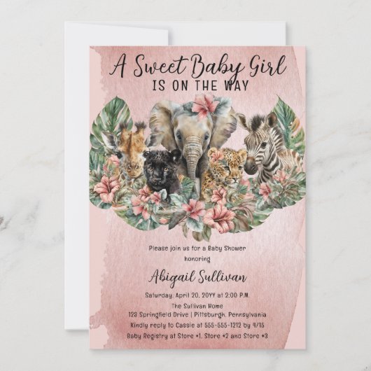 Sweet Baby Girl Animals Tropical Safari Shower Kaart (Voorkant)