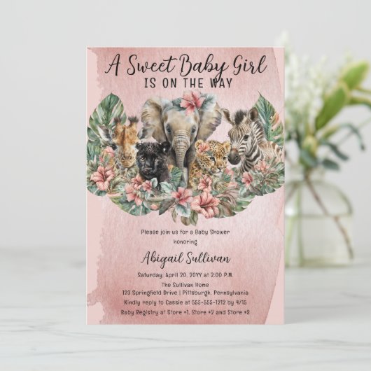 Sweet Baby Girl Animals Tropical Safari Shower Kaart (Staand voorkant)