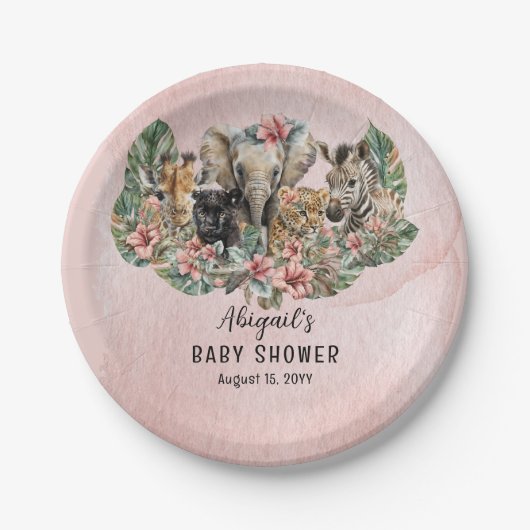Sweet Baby Girl Animals Tropical Safari Shower Papieren Bordje (Voorkant)