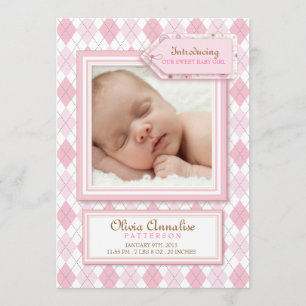 Sweet Baby Girl Argyle Foto geboorteaankondiging Aankondiging