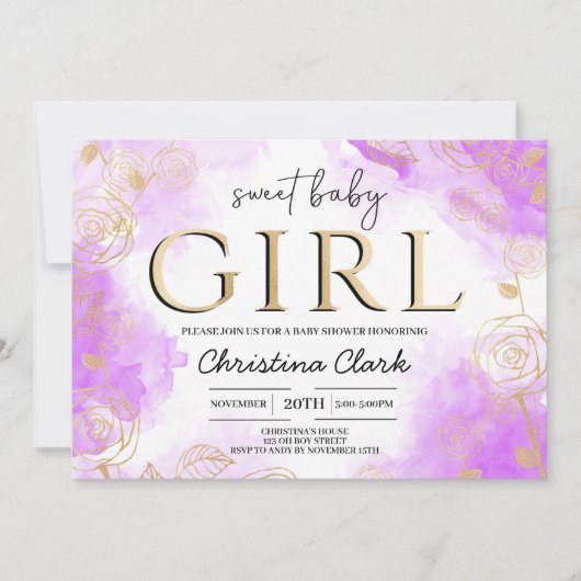 Sweet Baby Girl Baby shower Paarse Gold Elegant Kaart (Voorkant)