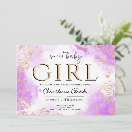 Sweet Baby Girl Baby shower Paarse Gold Elegant Kaart (Staand voorkant)
