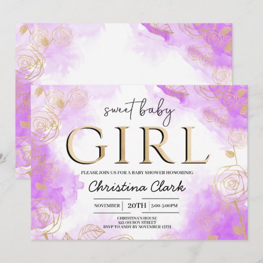 Sweet Baby Girl Baby shower Paarse Gold Elegant Kaart (Voorkant / Achterkant)