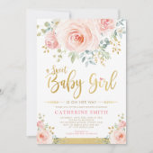 Sweet Baby Girl Blush Pink Gold Floral Baby shower Kaart (Voorkant)
