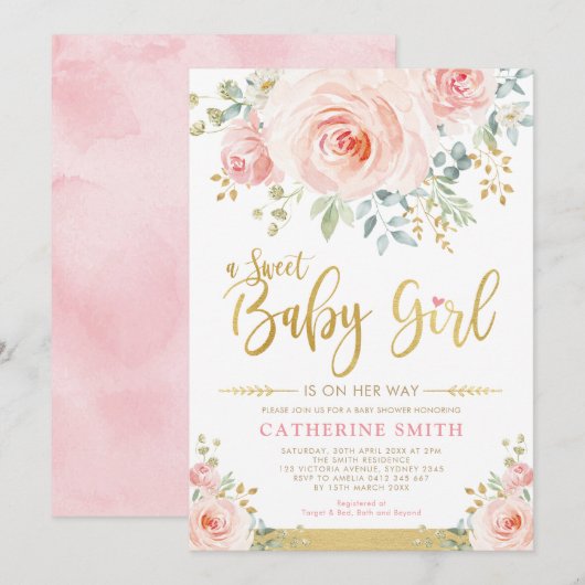 Sweet Baby Girl Blush Pink Gold Floral Baby shower Kaart (Voorkant / Achterkant)