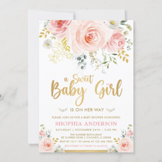 Sweet Baby Girl Blush Pink Gold Floral Baby shower Kaart