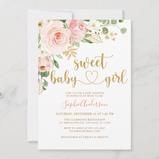 Sweet Baby Girl Blush Roos Gold Floral Baby shower Kaart (Voorkant)
