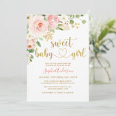 Sweet Baby Girl Blush Roos Gold Floral Baby shower Kaart (Staand voorkant)