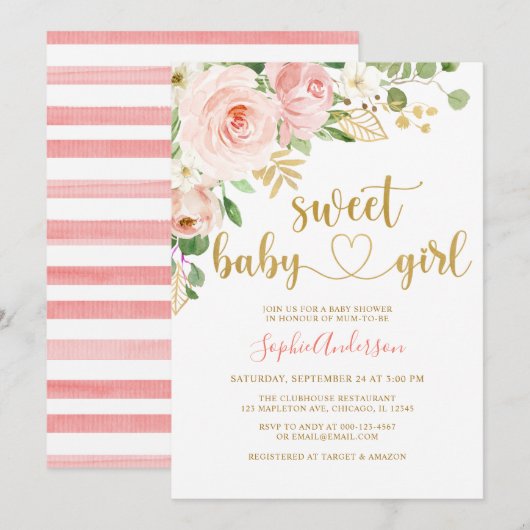 Sweet Baby Girl Blush Roos Gold Floral Baby shower Kaart (Voorkant / Achterkant)