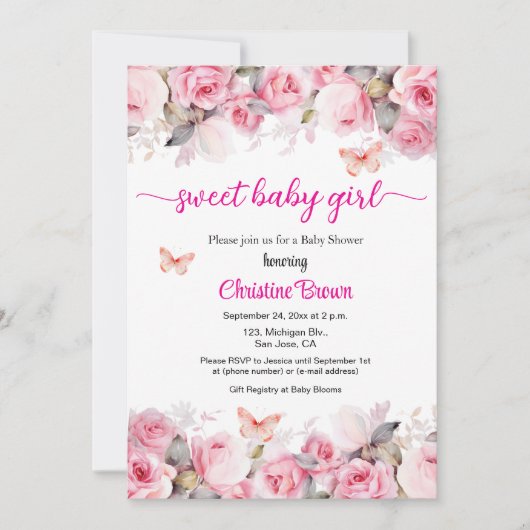Sweet Baby Girl Blush Rozen Baby shower Uitnodigin Kaart (Voorkant)