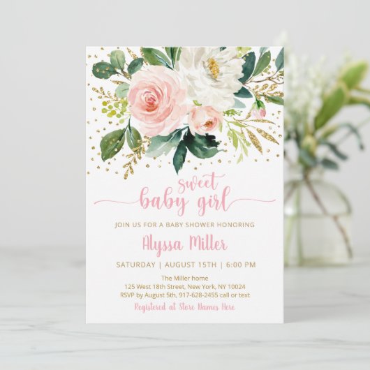 Sweet Baby Girl Boho Floral Pink Gold Baby shower Kaart (Staand voorkant)