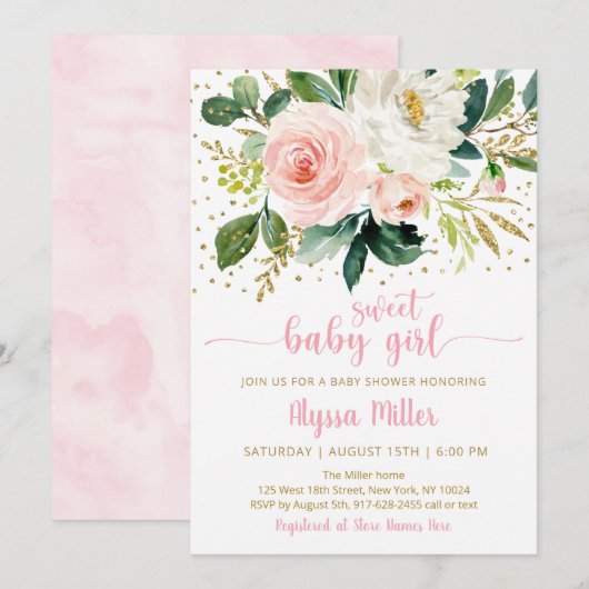Sweet Baby Girl Boho Floral Pink Gold Baby shower Kaart (Voorkant / Achterkant)