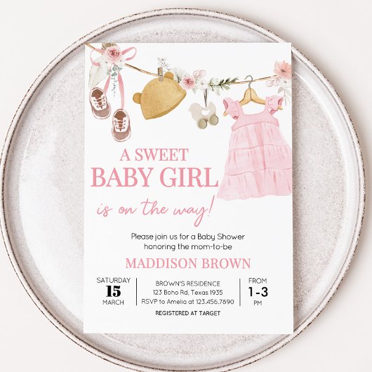 Sweet Baby Girl Boho Kleding Baby shower Kaart