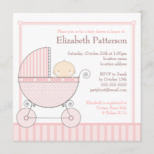 Sweet Baby Girl Carriage Baby shower in Pink Kaart
