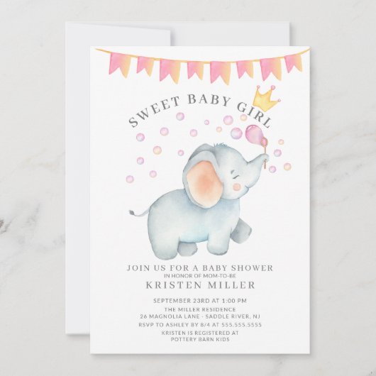 Sweet Baby Girl Elephant Baby shower Kaart (Voorkant)