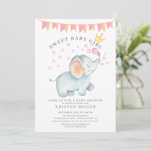 Sweet Baby Girl Elephant Baby shower Kaart (Staand voorkant)