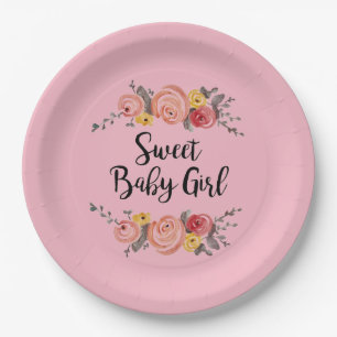 Sweet Baby Girl Flower Painting Pink Papieren Bordje