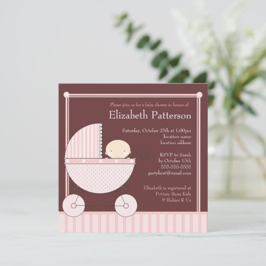 Sweet Baby Girl in Carriage Baby shower in Pink Kaart (Staand voorkant)