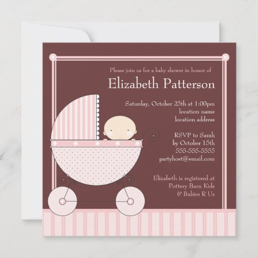 Sweet Baby Girl in Carriage Baby shower in Pink Kaart (Voorkant)