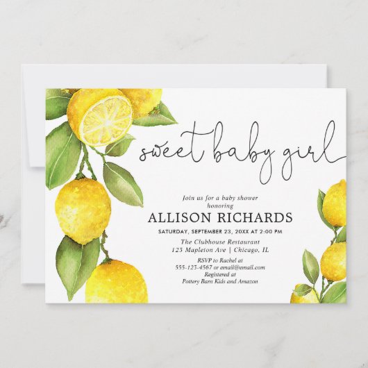 Sweet baby girl lemon waterverf baby shower kaart (Voorkant)